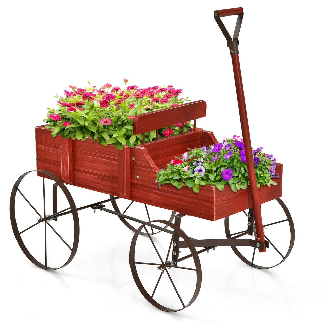 Costway Garden Plant Planter Wooden Wagon Planter W/ Wheel Garden Yard